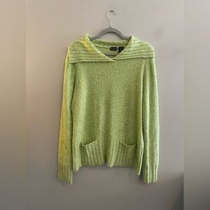 Northcrest Lime Green Fuzzy Collared Sweater With Pockets